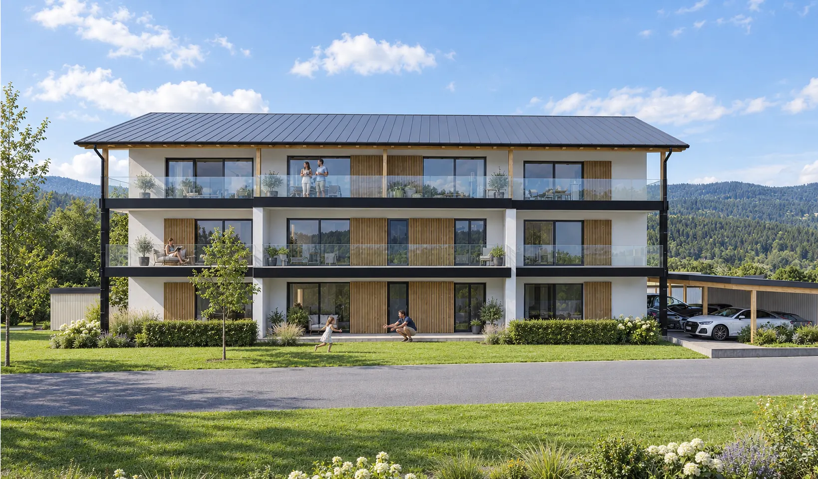 Mehrfamilienhaus mit acht Eigentumswohnungen im Baugebiet Seeblick an einem Sommermorgen, Bewohner auf den Balkonen und im Garten – Visualisierung, KI-modifiziert