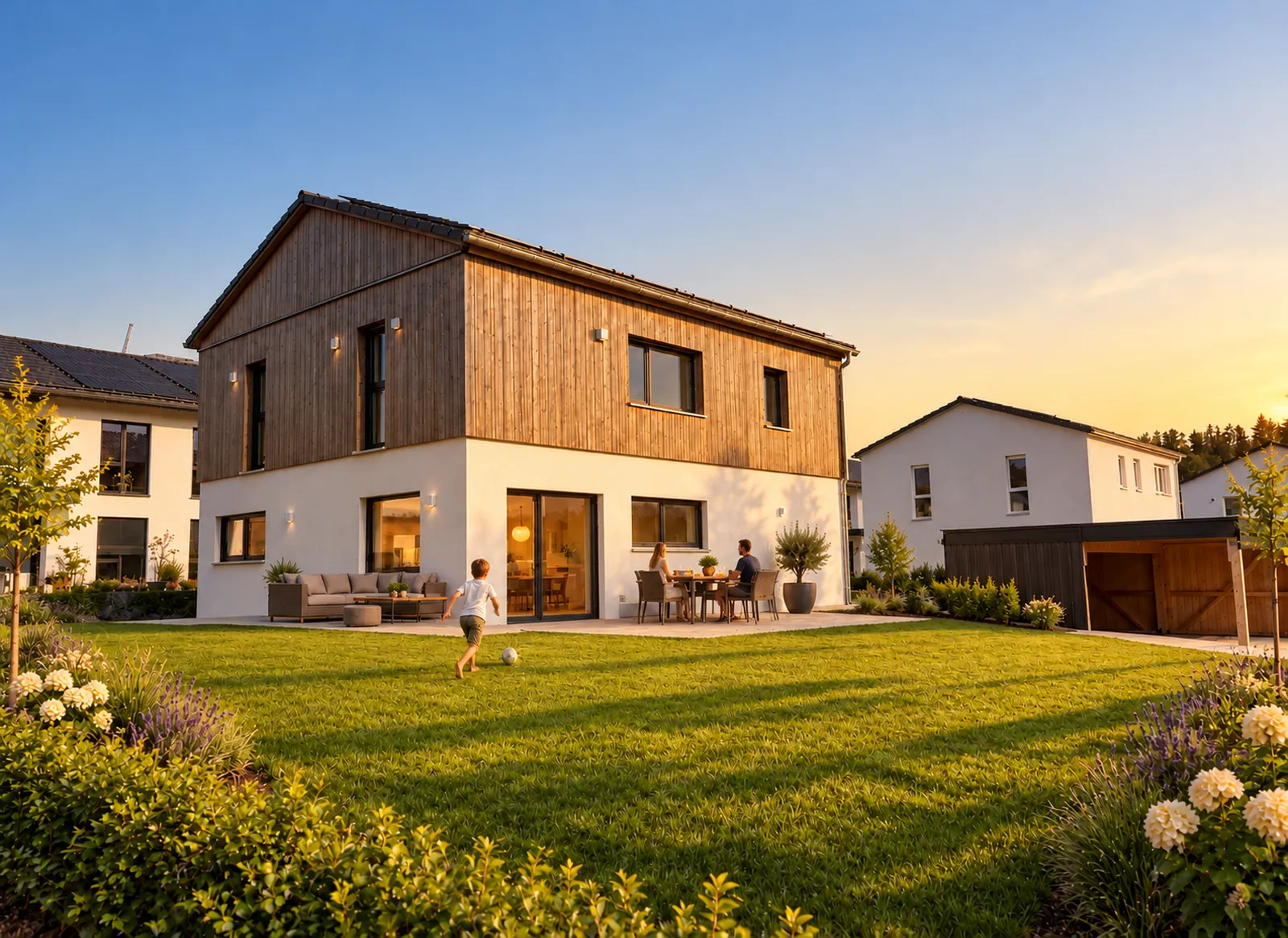 Haus 8 mit Garten und Südterrasse im Abendlicht – Szene KI-modifiziert, Personen KI-generiert