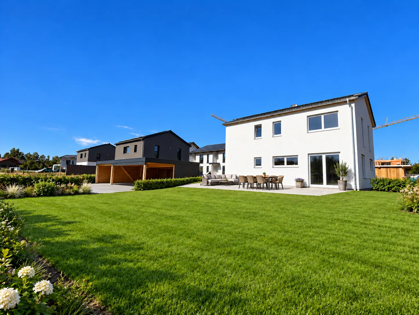 Haus Nr. 6 – Garten mit Terrasse, Weitwinkel, Gartenbeispiel, KI-modifiziert