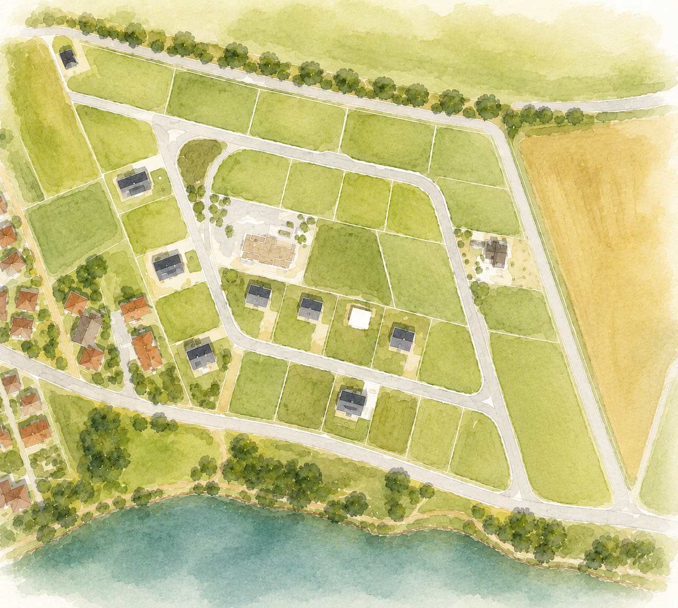 Lageplan des Baugebiets Seeblick mit den fünf Baugrundstücken