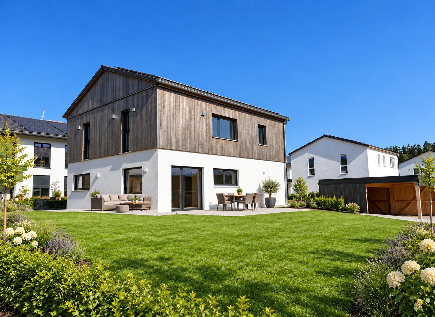 Haus Nr. 8 – Garten mit Terrasse, Gartenbeispiel, KI-modifiziert