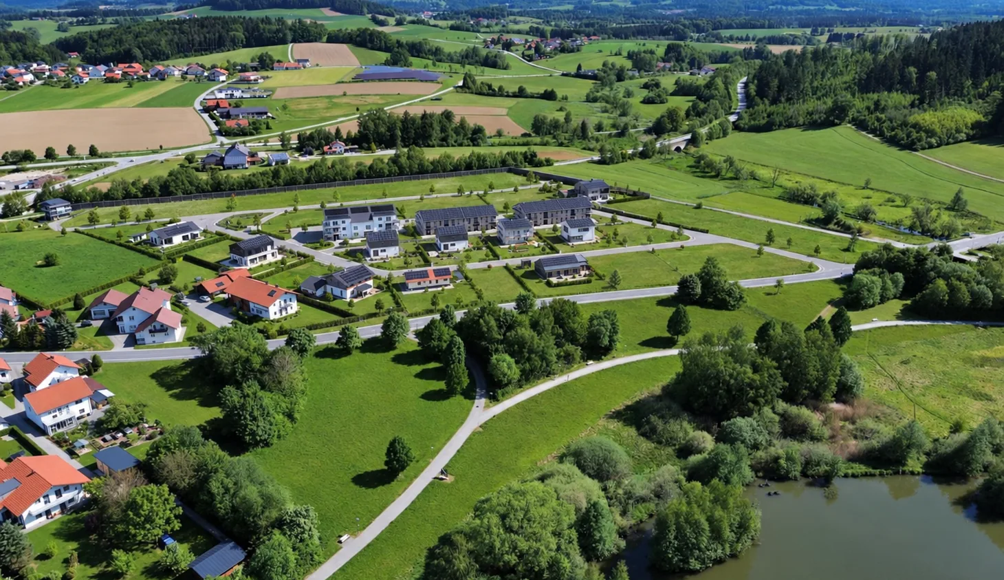 Luftbild: Erlauzwieseler See im Vordergrund, dahinter das Baugebiet Seeblick – KI-modifiziert